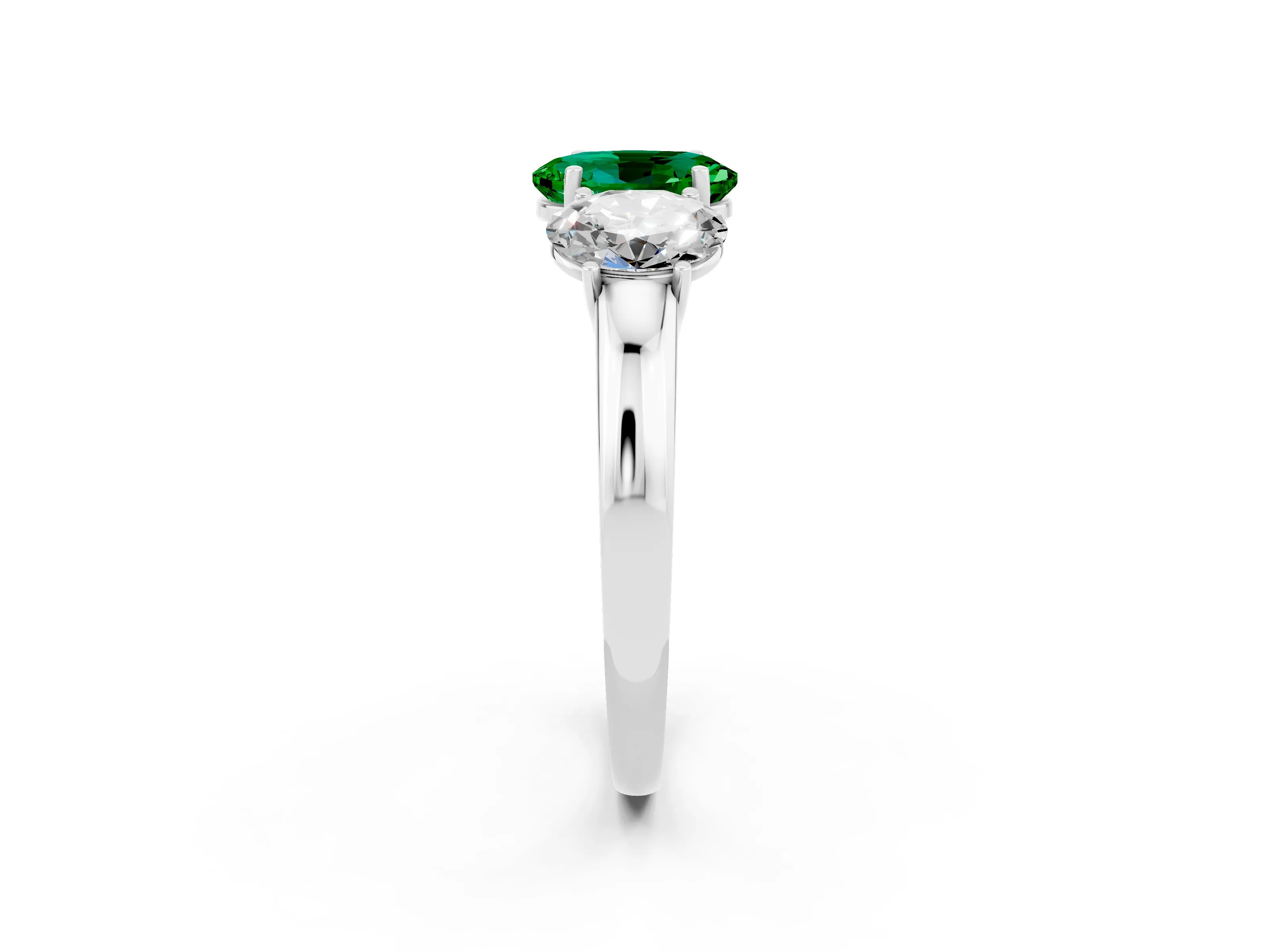 White gold Oval Cut Emerald Three-Stone Ring with Four-Prong Setting and Classic Band_2