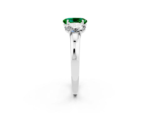White gold Oval Cut Emerald Three-Stone Ring with Four-Prong Setting and Classic Band_2