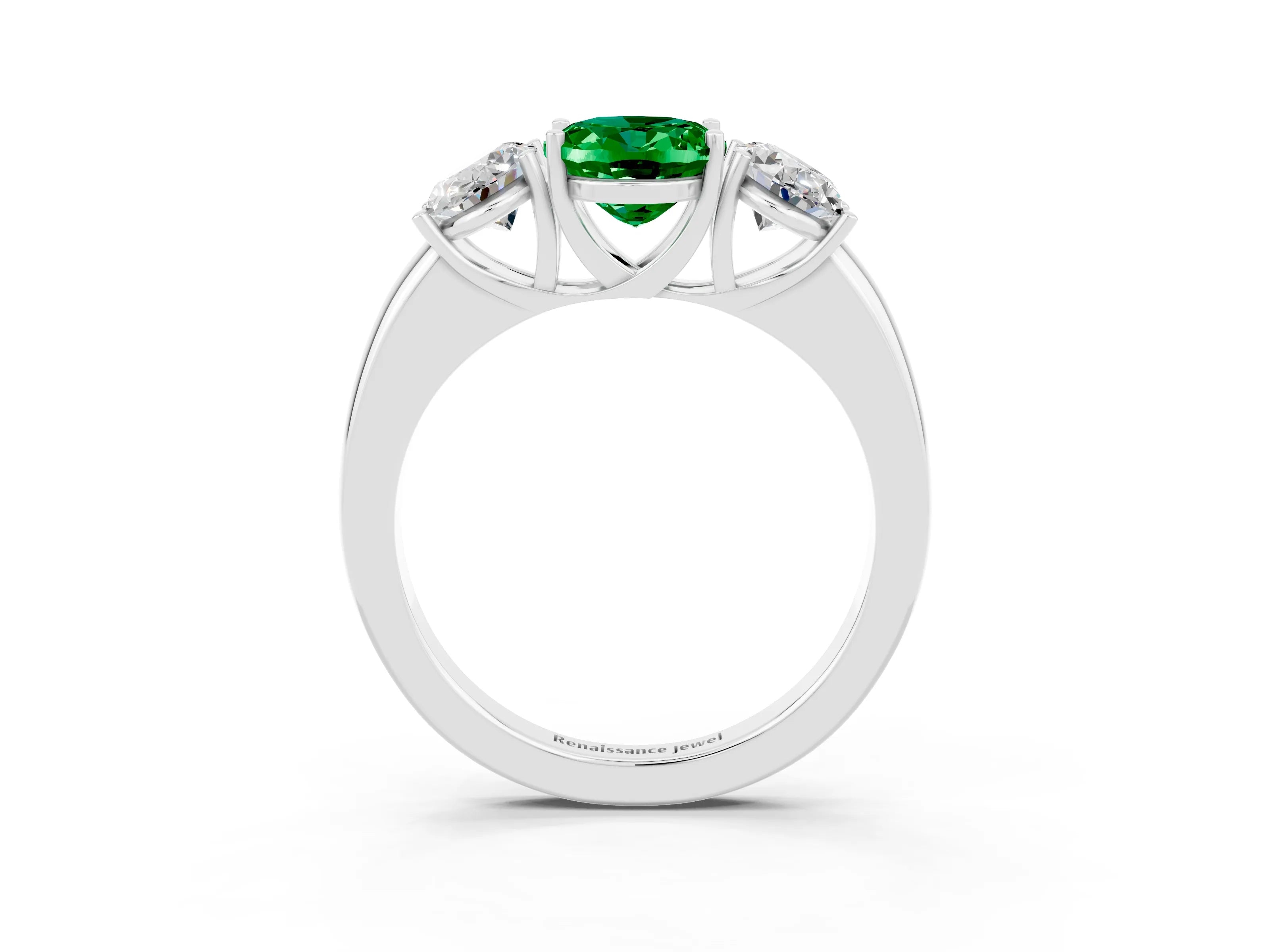 White gold Oval Cut Emerald Three-Stone Ring with Four-Prong Setting and Classic Band_3