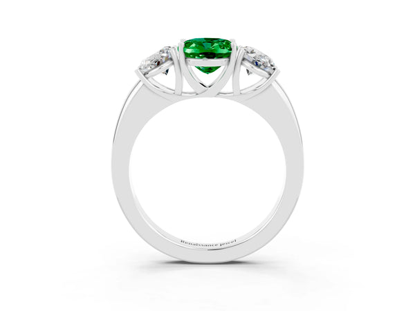 White gold Oval Cut Emerald Three-Stone Ring with Four-Prong Setting and Classic Band