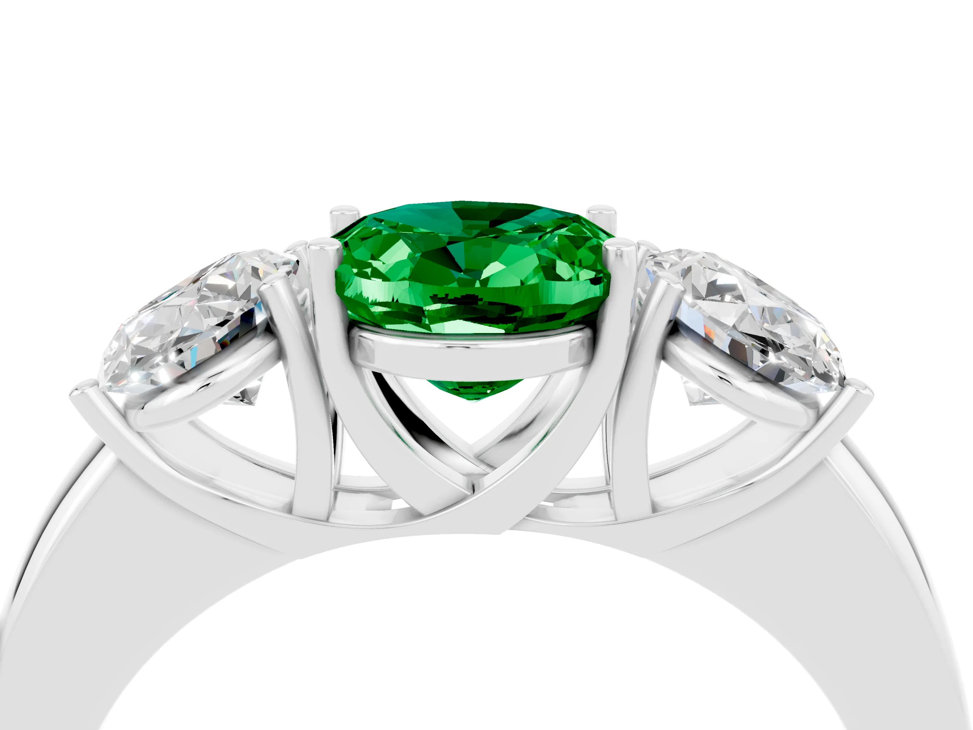 White gold Oval Cut Emerald Three-Stone Ring with Four-Prong Setting and Classic Band_4