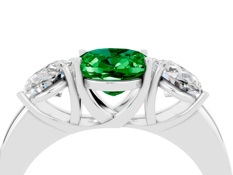 White gold Oval Cut Emerald Three-Stone Ring with Four-Prong Setting and Classic Band_4