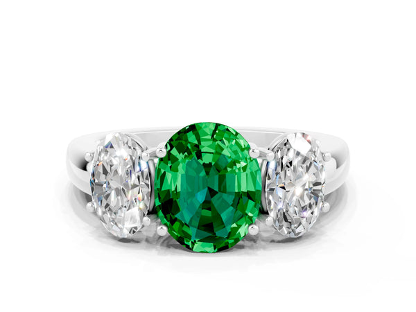 White gold Oval Cut Emerald Three-Stone Ring with Four-Prong Setting and Classic Band