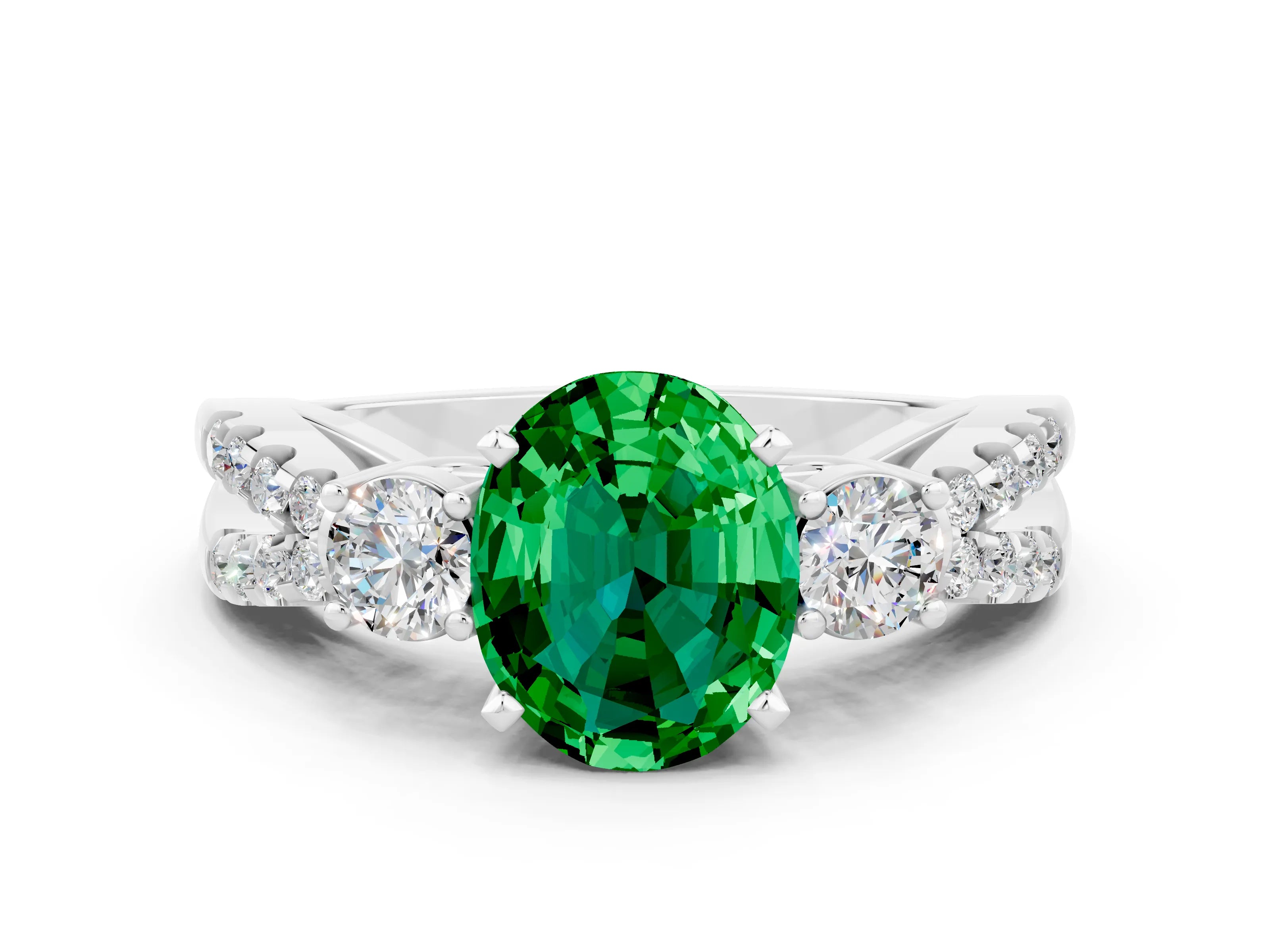 White gold Oval Cut Emerald Three-Stone Ring with Pavé Split Shank and Four-Prong Setting_12