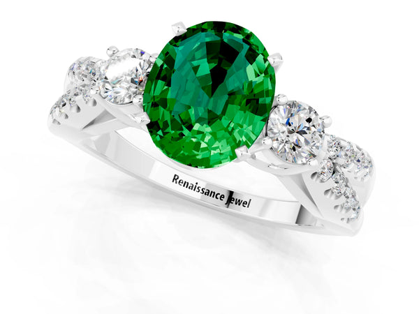 Platinum Oval Cut Emerald Three-Stone Ring with Pavé Split Shank and Four-Prong Setting