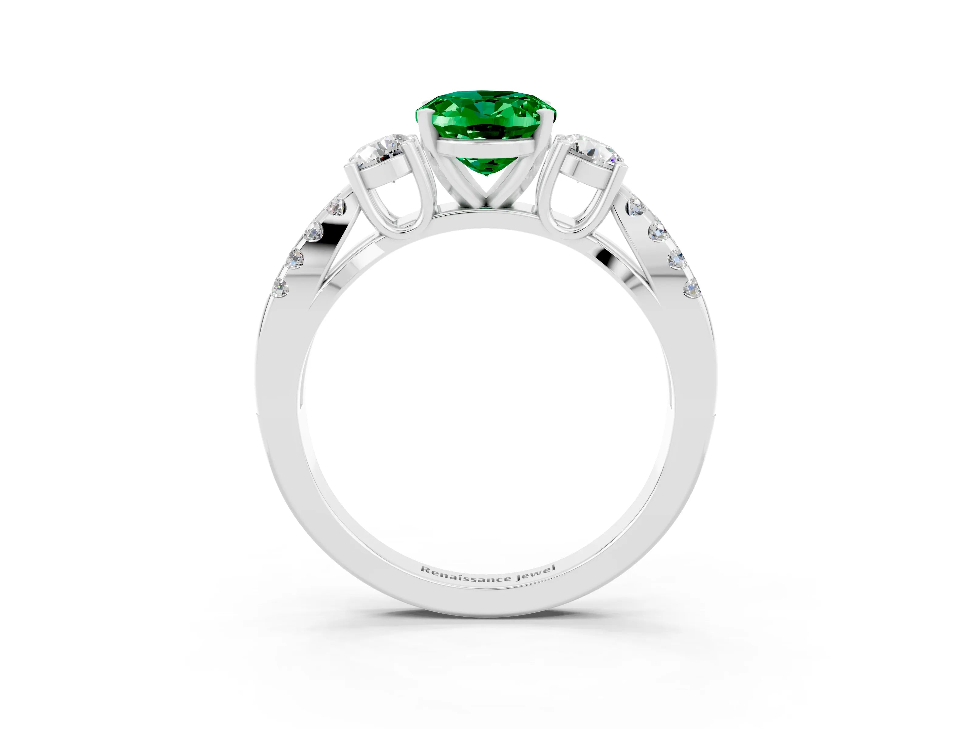 White gold Oval Cut Emerald Three-Stone Ring with Pavé Split Shank and Four-Prong Setting_15