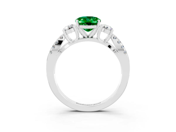 White gold Oval Cut Emerald Three-Stone Ring with Pavé Split Shank and Four-Prong Setting
