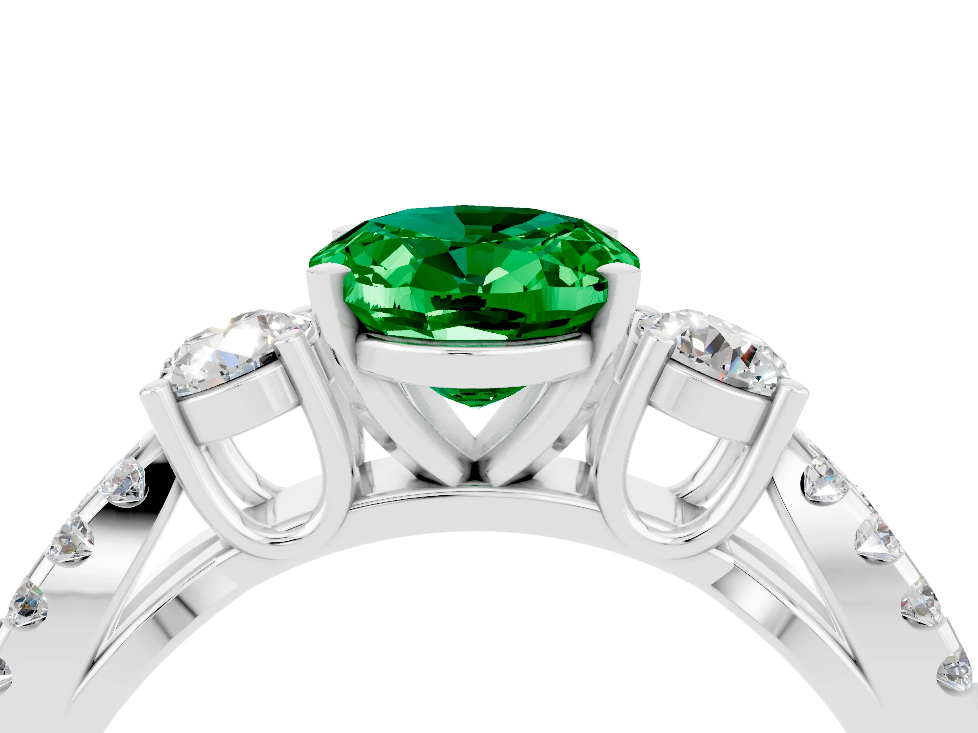White gold Oval Cut Emerald Three-Stone Ring with Pavé Split Shank and Four-Prong Setting_16