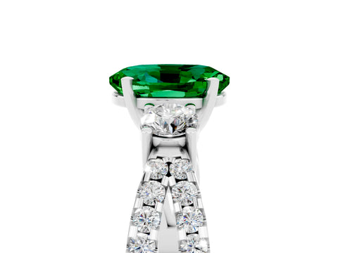 White gold Oval Cut Emerald Three-Stone Ring with Pavé Split Shank and Four-Prong Setting_17