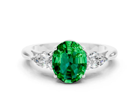 White gold Oval Cut Emerald Three-Stone Ring with Pear Side Stones and Four-Prong Setting_30