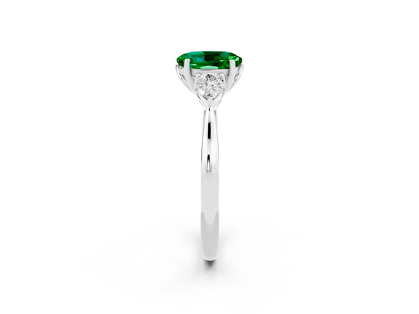 Silver Oval Cut Emerald Three-Stone Ring with Pear  Side Stones and Prong Setting