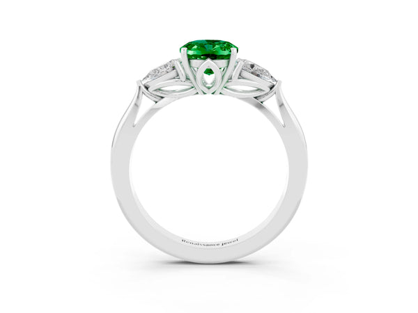 White gold Oval Cut Emerald Three-Stone Ring with Pear  Side Stones and Prong Setting