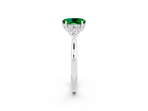 White gold Oval Cut Emerald Three-Stone Ring with Pear Side Stones and Four-Prong Setting_33