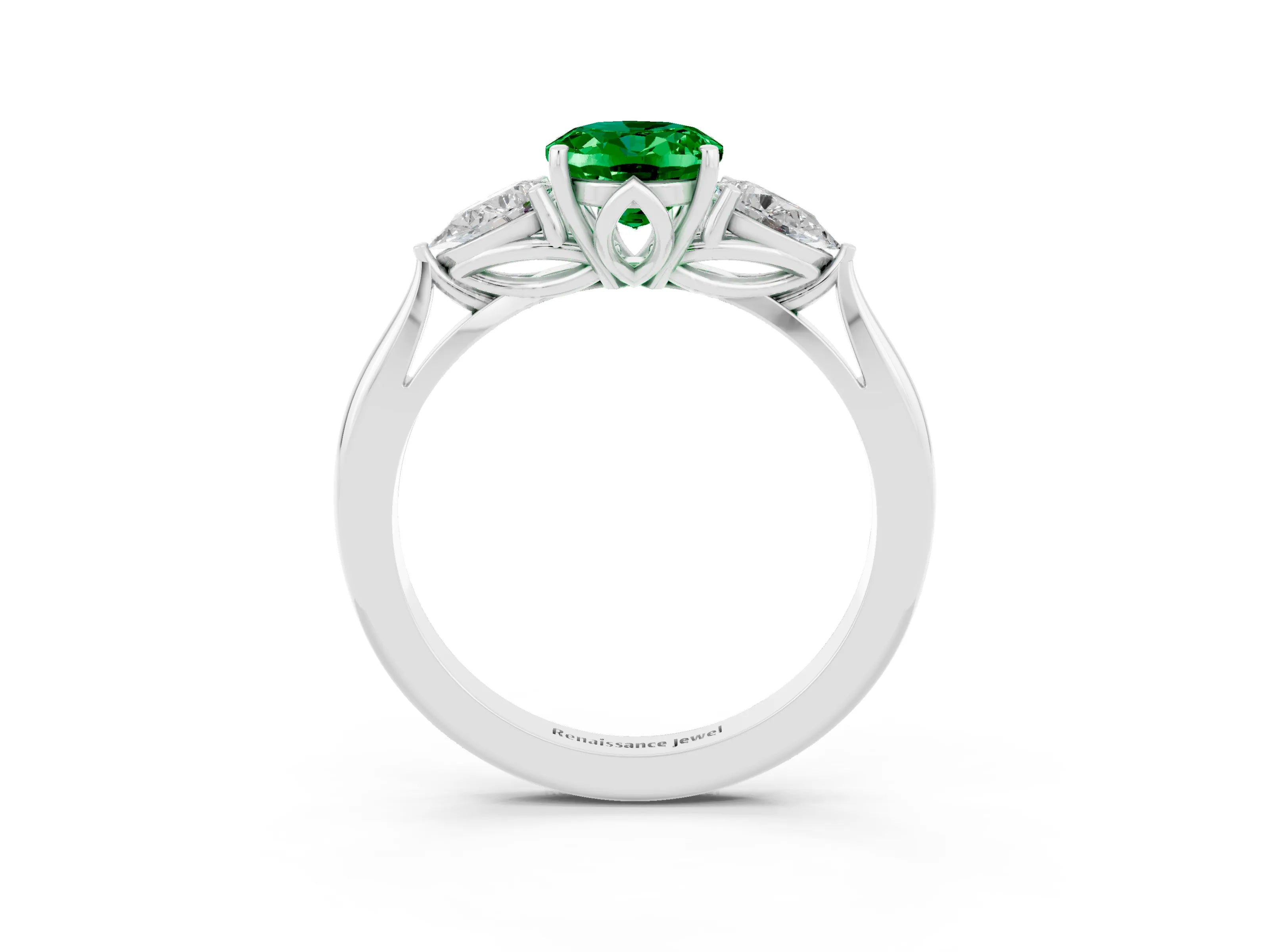 White gold Oval Cut Emerald Three-Stone Ring with Pear Side Stones and Four-Prong Setting_34