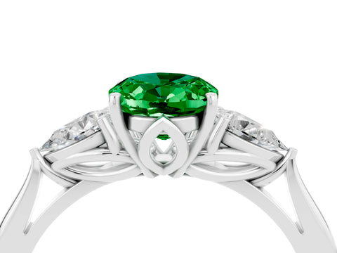 White gold Oval Cut Emerald Three-Stone Ring with Pear Side Stones and Four-Prong Setting_34