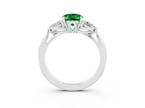 White gold Oval Cut Emerald Three-Stone Ring with Pear Side Stones and Four-Prong Setting_34