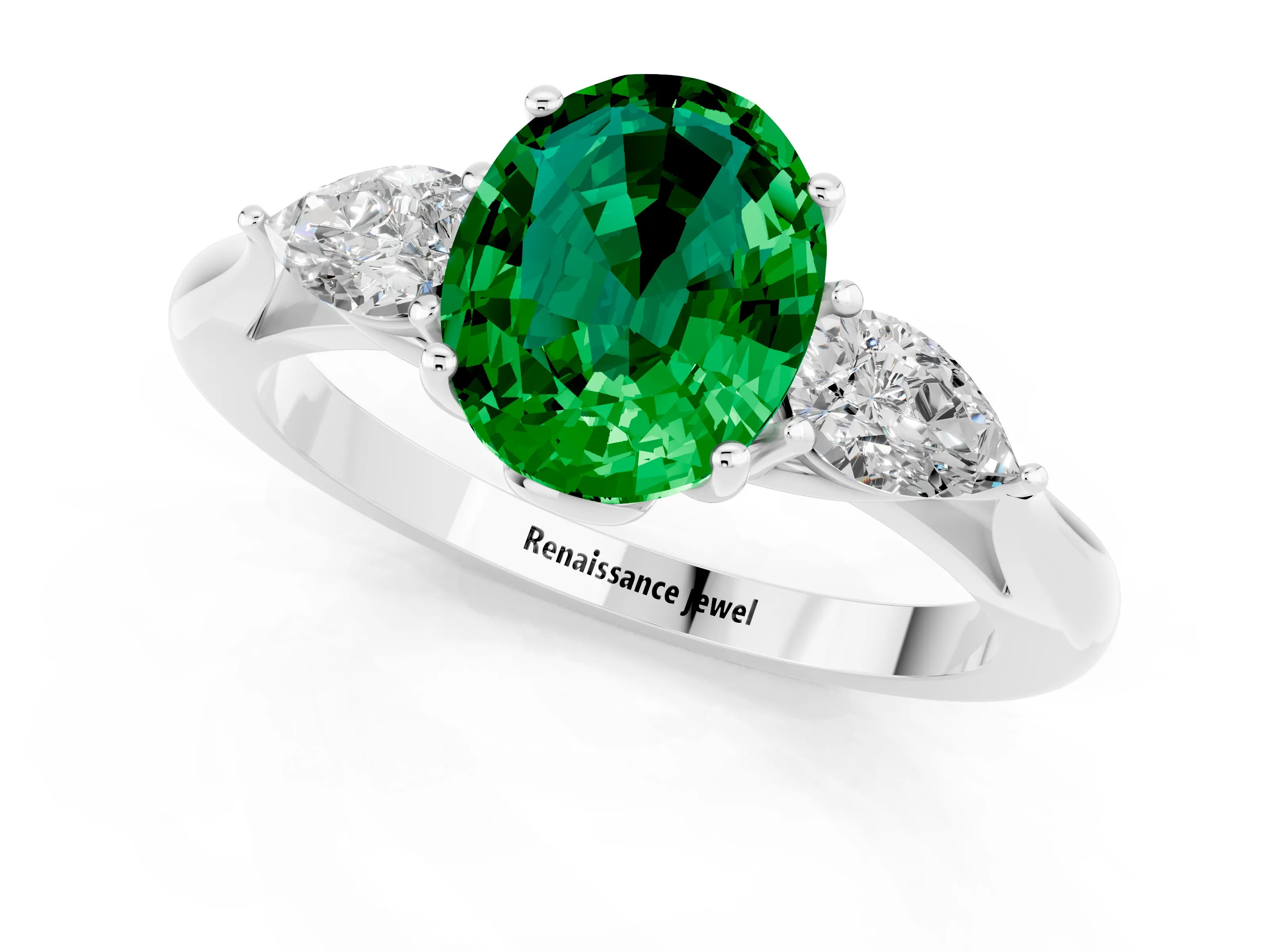 White gold Oval Cut Emerald Three-Stone Ring with Pear Side Stones and Four-Prong Setting_37