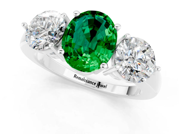 Silver Oval Cut Emerald Three-Stone Ring with Prong Setting and Classic Band