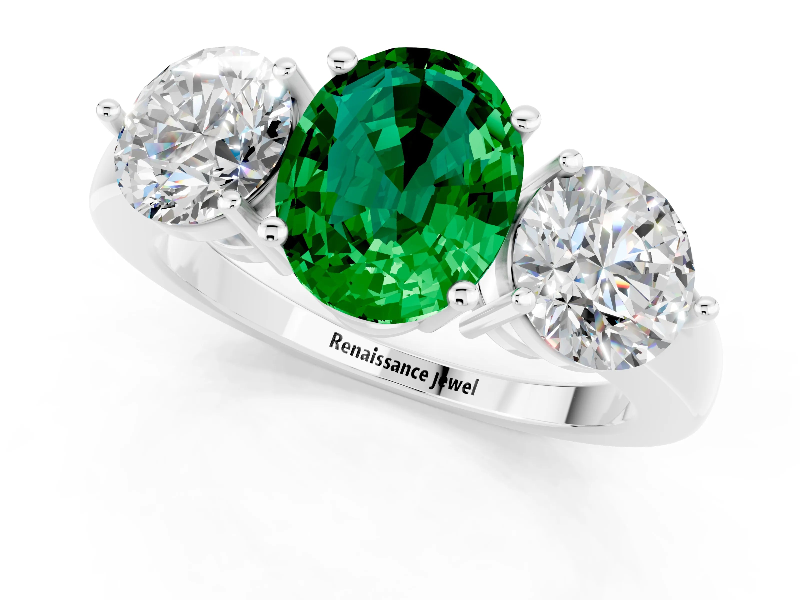 White gold Oval Cut Emerald Three-Stone Ring with Prong Setting and Classic Band_1