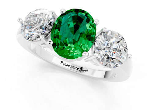 White gold Oval Cut Emerald Three-Stone Ring with Prong Setting and Classic Band_1