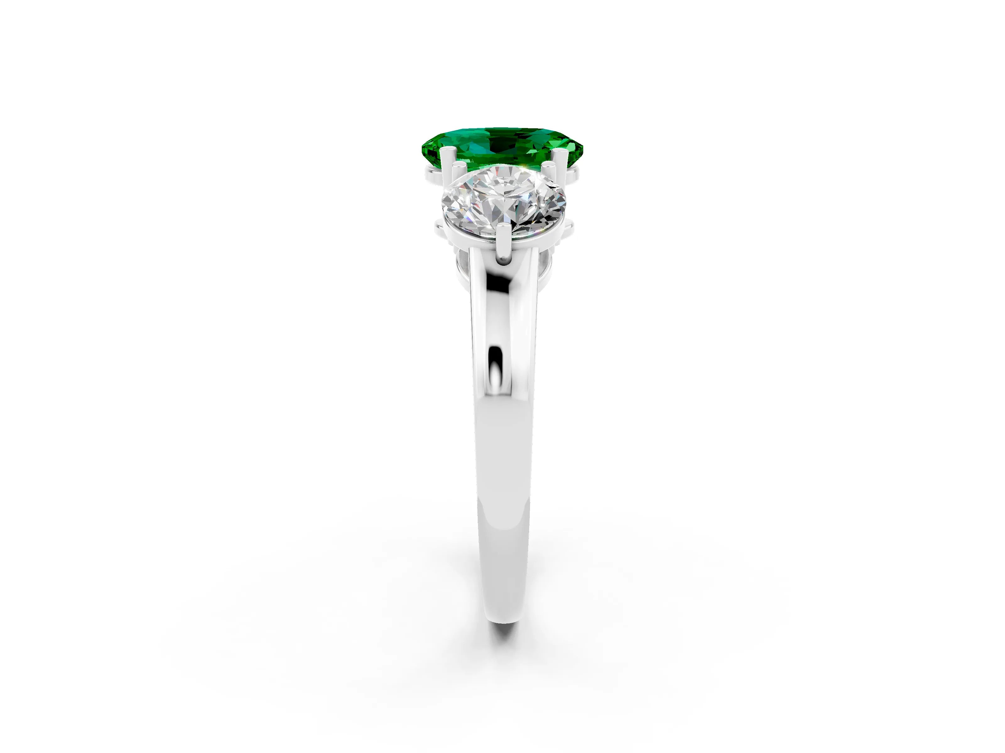 White gold Oval Cut Emerald Three-Stone Ring with Prong Setting and Classic Band_2