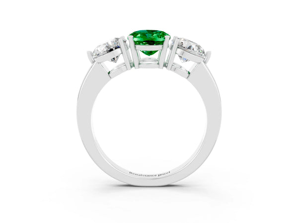 Platinum Oval Cut Emerald Three-Stone Ring with Prong Setting and Classic Band