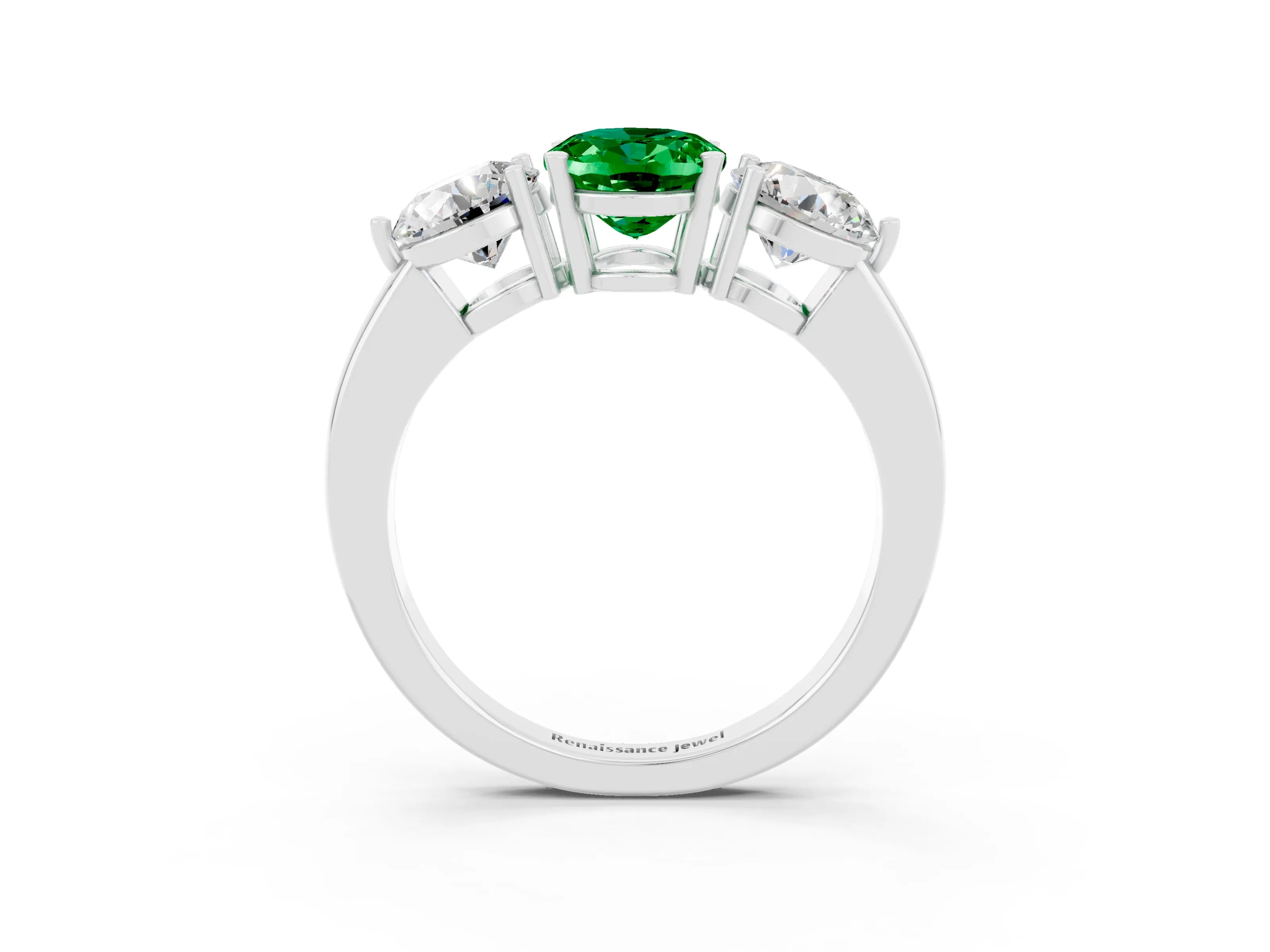 White gold Oval Cut Emerald Three-Stone Ring with Prong Setting and Classic Band_3
