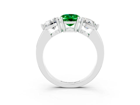 White gold Oval Cut Emerald Three-Stone Ring with Prong Setting and Classic Band_3