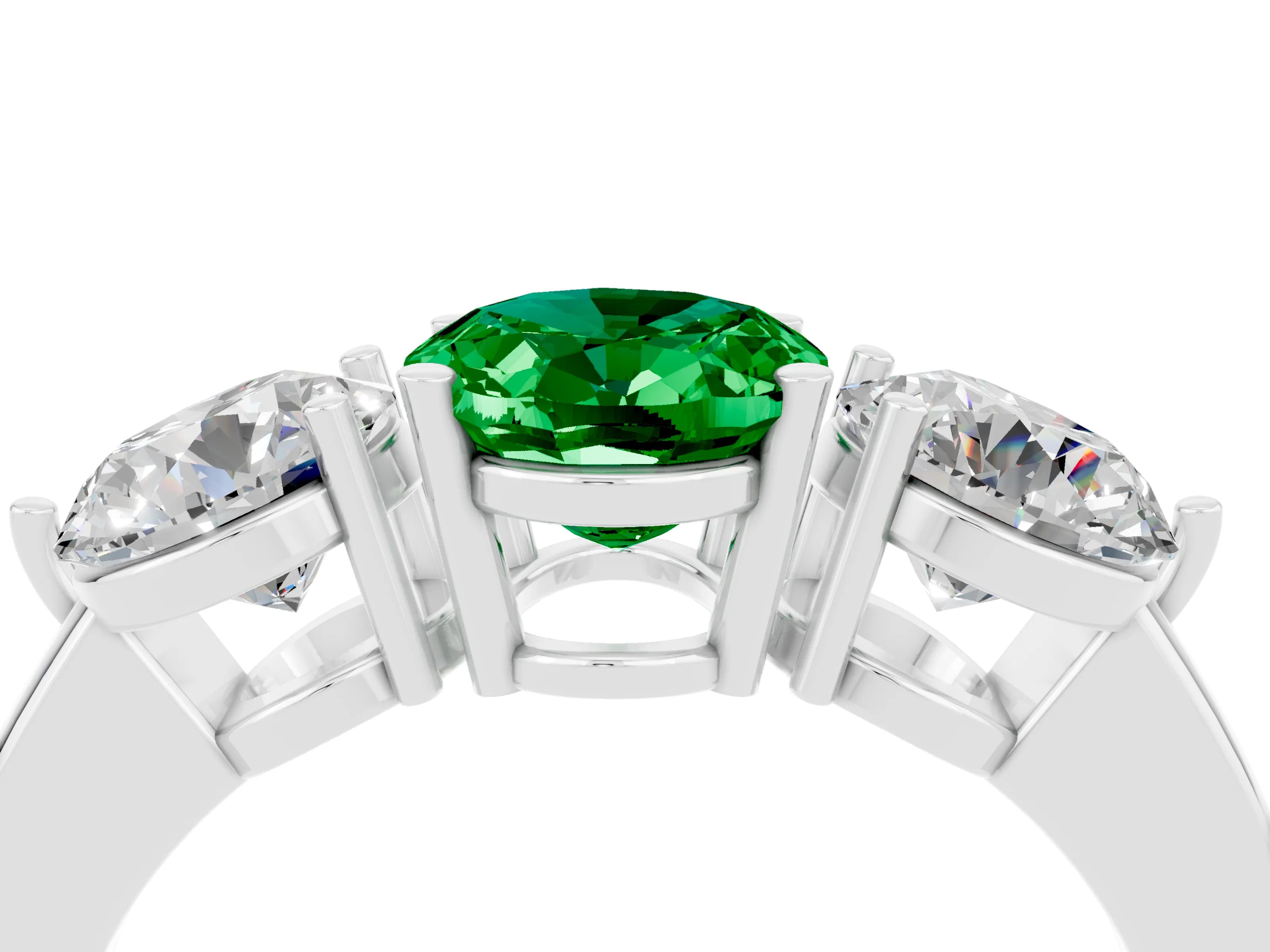 White gold Oval Cut Emerald Three-Stone Ring with Prong Setting and Classic Band_4