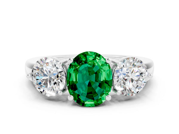 Silver Oval Cut Emerald Three-Stone Ring with Prong Setting and Classic Band