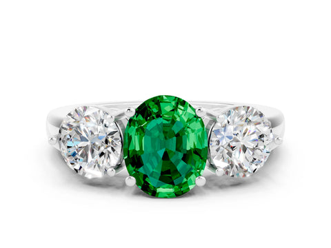 White gold Oval Cut Emerald Three-Stone Ring with Prong Setting and Classic Band