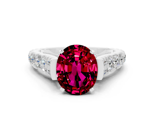 Platinum Oval Cut Garnet Classic Solitaire Ring with Pavé Band and Four-Prong Setting
