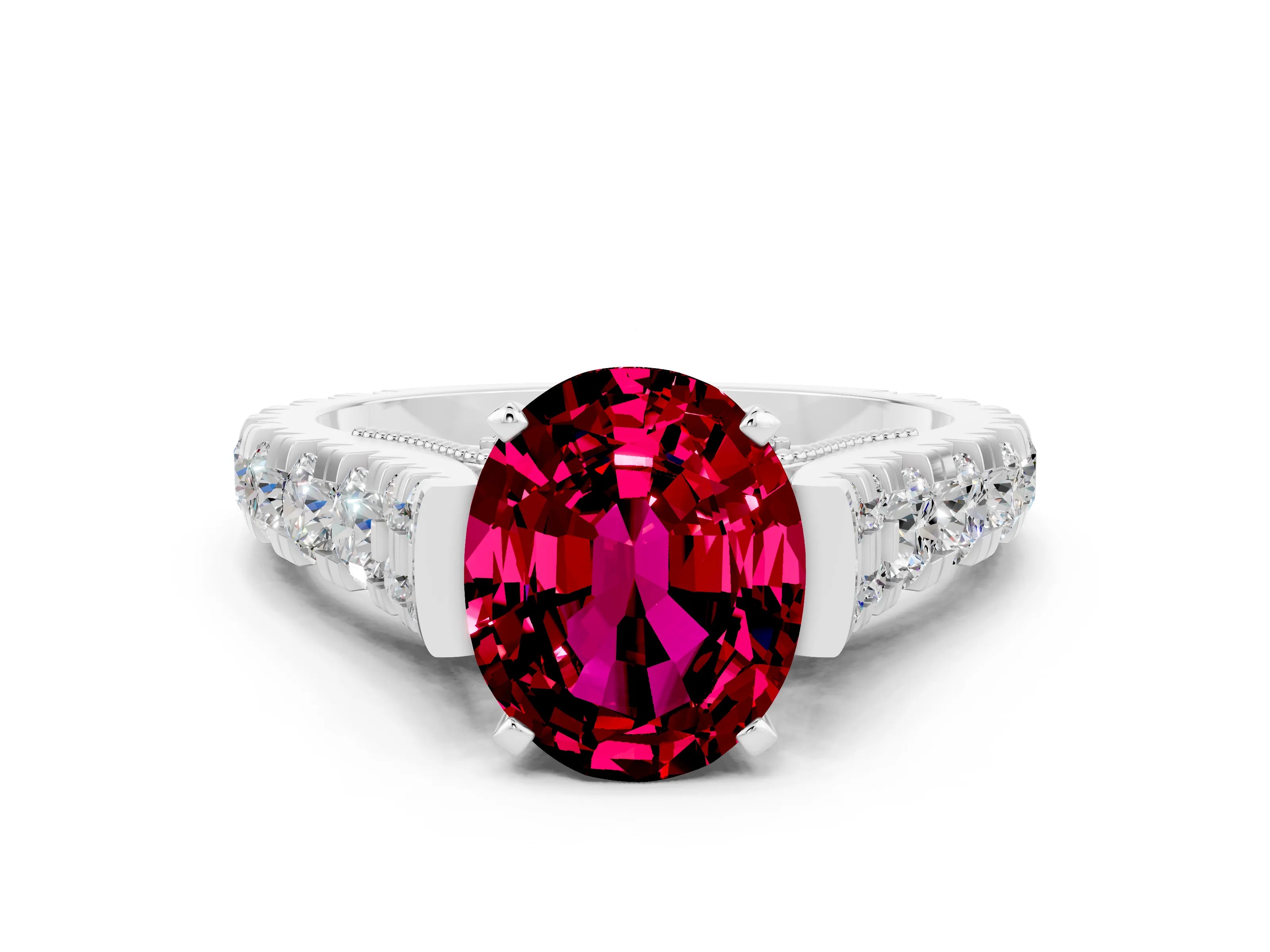 White gold Oval Cut Garnet Classic Solitaire Ring with Pavé Band and Four-Prong Setting