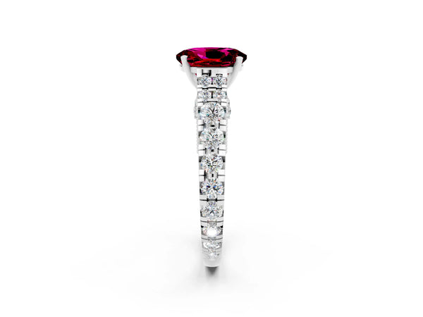 White gold Oval Cut Garnet Classic Solitaire Ring with Pavé Band and Four-Prong Setting