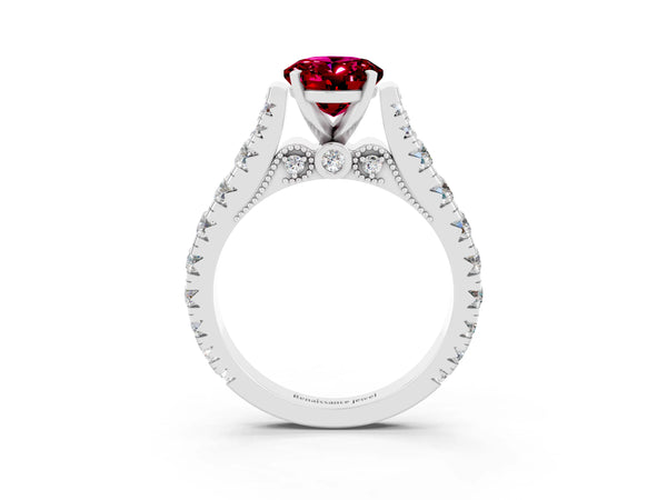Platinum Oval Cut Garnet Classic Solitaire Ring with Pavé Band and Four-Prong Setting