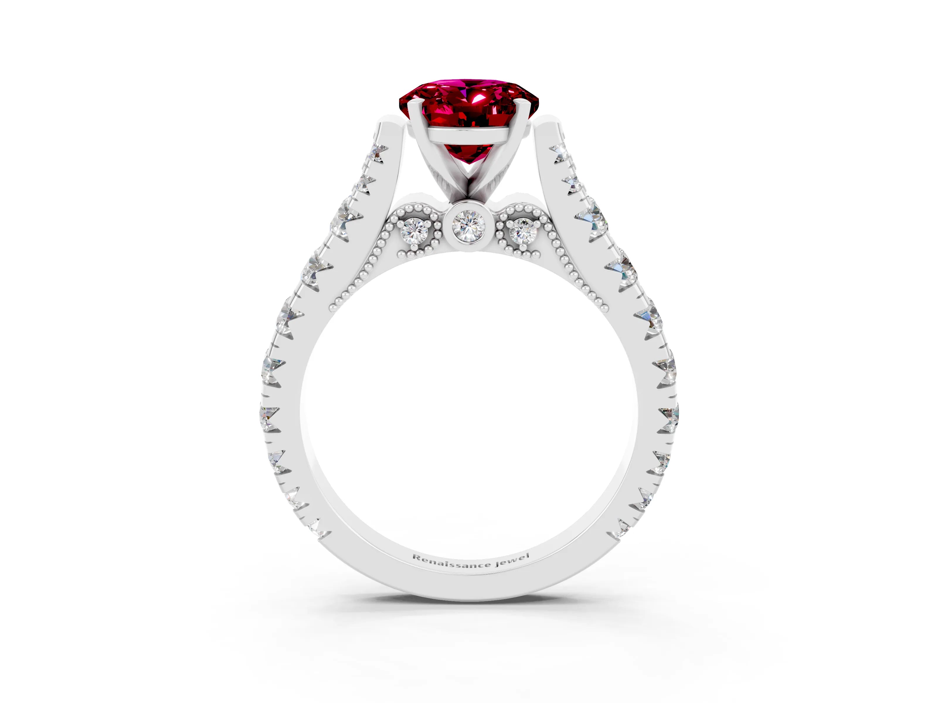 White gold Oval Cut Garnet Classic Solitaire Ring with Pavé Band and Four-Prong Setting_3