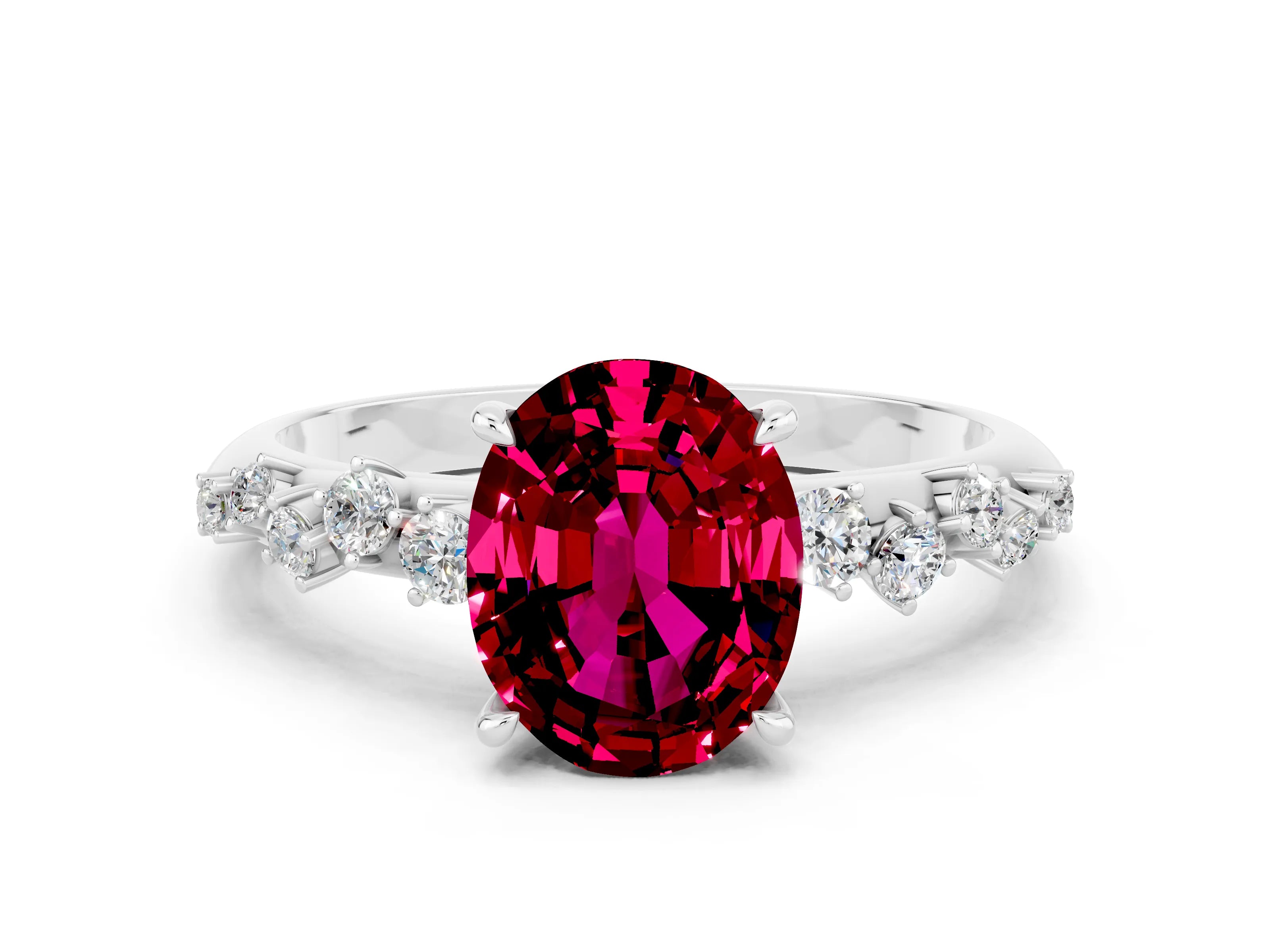 White gold Oval Cut Garnet Cluster Side Stone Solitaire Ring with Prong Setting_24