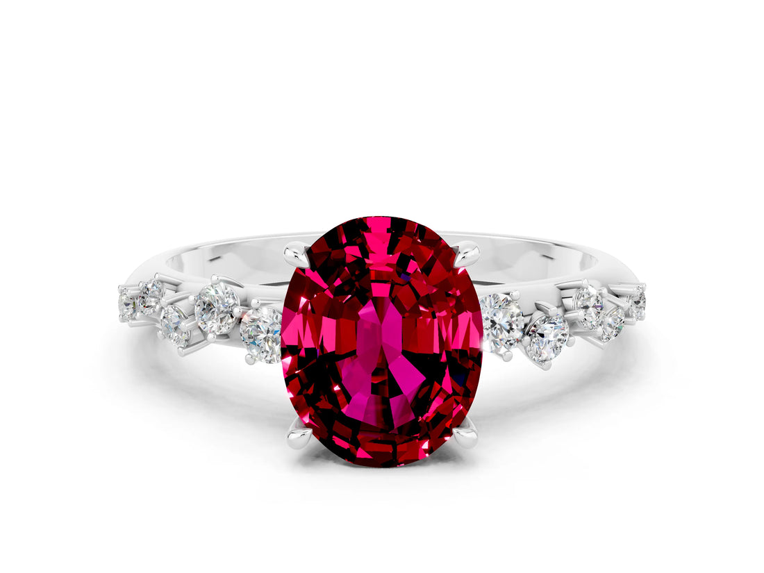 White gold Oval Cut Garnet Cluster Side Stone Solitaire Ring with Prong Setting_24
