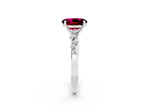 Platinum Oval Cut Garnet Cluster Side Stone Solitaire Ring with Prong Setting