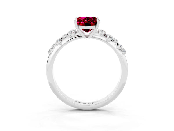 Silver Oval Cut Garnet Cluster Side Stone Solitaire Ring with Prong Setting