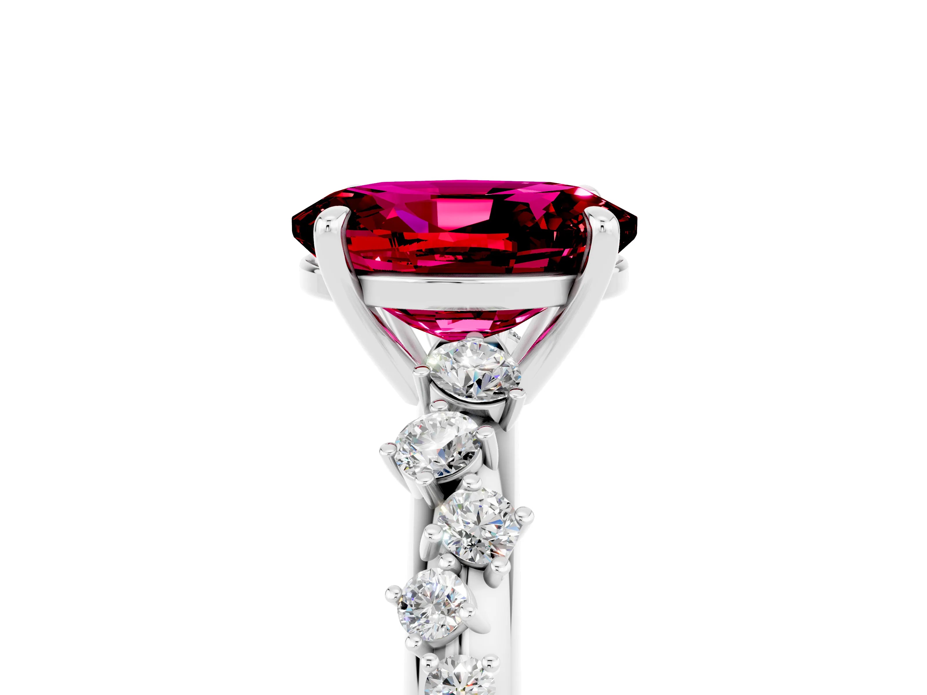 White gold Oval Cut Garnet Cluster Side Stone Solitaire Ring with Prong Setting_29