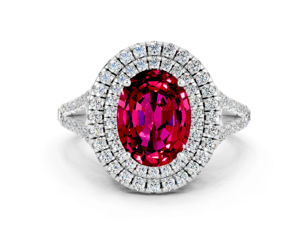 Silver Oval Cut Garnet Double Halo Ring with Pavé Band and Prong Setting