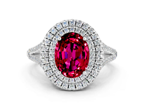 White gold Oval Cut Garnet Double Halo Ring with Pavé Band and Prong Setting_12
