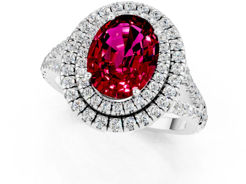 White gold Oval Cut Garnet Double Halo Ring with Pavé Band and Prong Setting_13