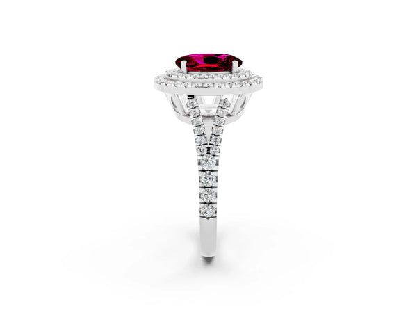Platinum Oval Cut Garnet Double Halo Ring with Pavé Band and Prong Setting