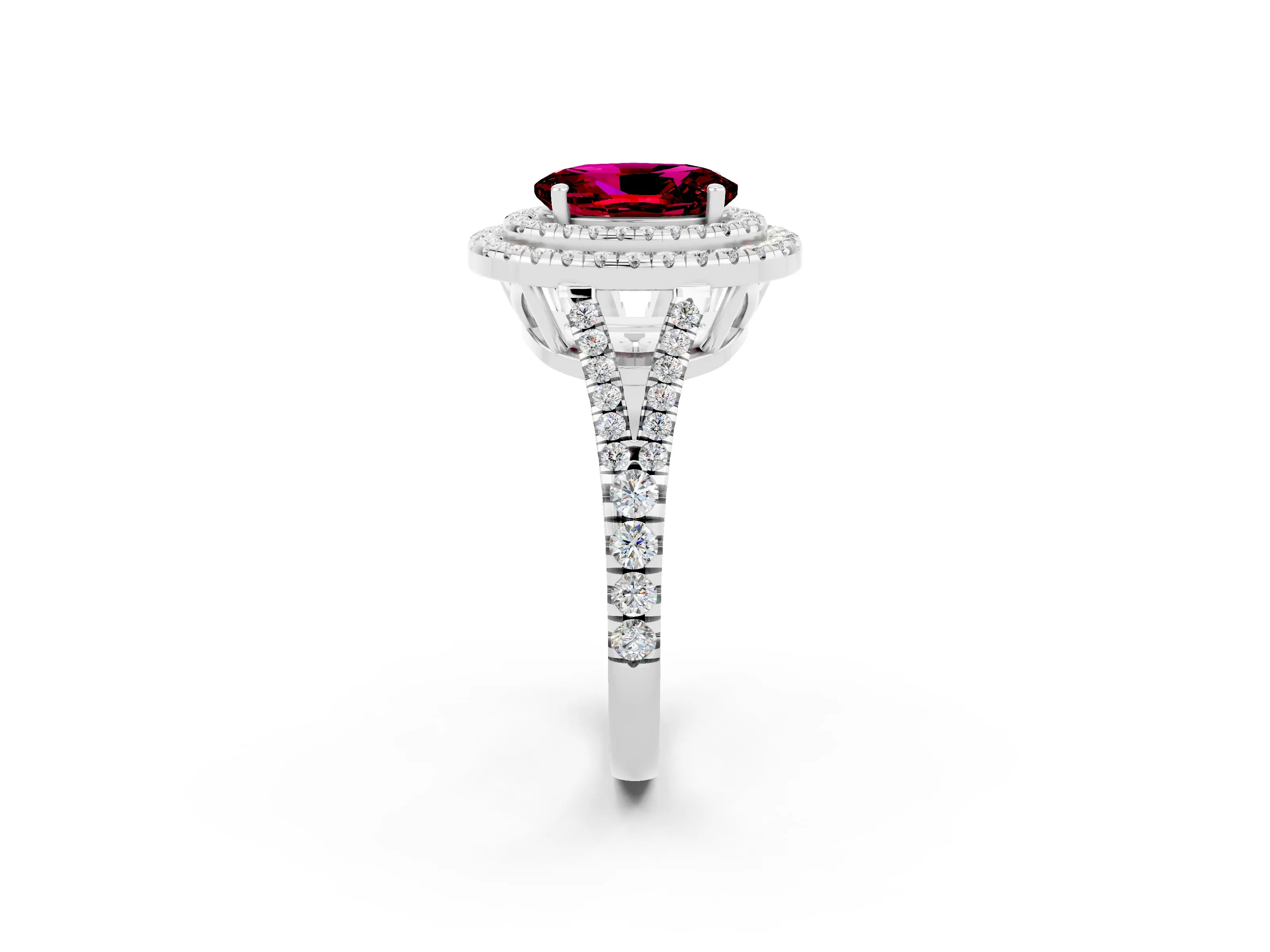 White gold Oval Cut Garnet Double Halo Ring with Pavé Band and Prong Setting_14