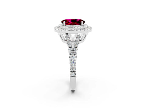 White gold Oval Cut Garnet Double Halo Ring with Pavé Band and Prong Setting_14