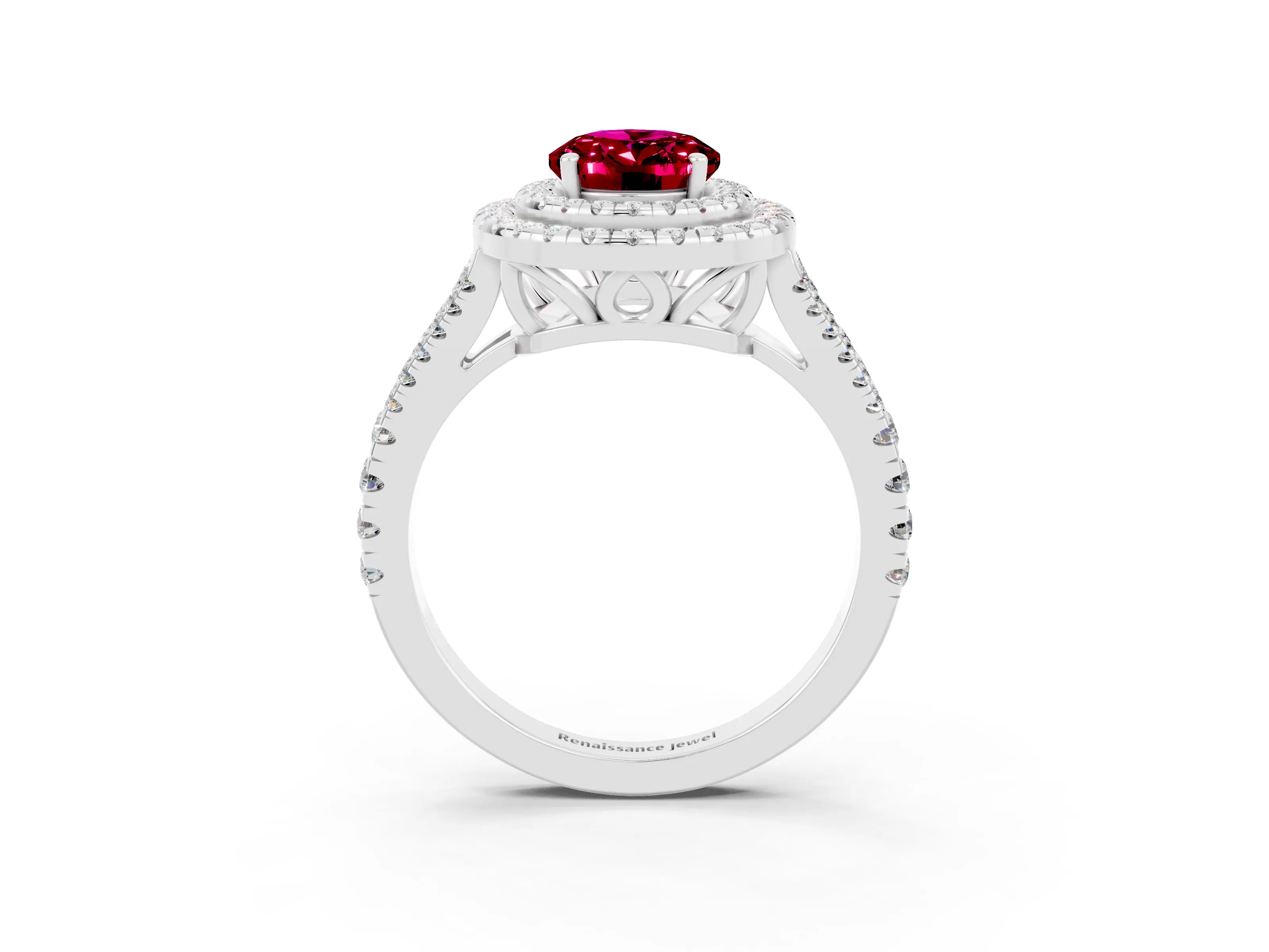 White gold Oval Cut Garnet Double Halo Ring with Pavé Band and Prong Setting_15