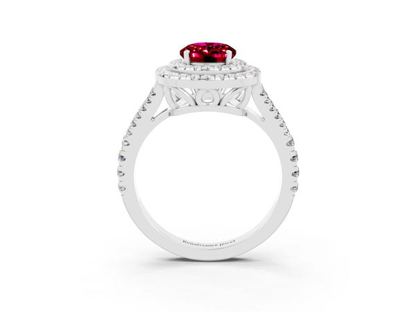 Silver Oval Cut Garnet Double Halo Ring with Pavé Band and Prong Setting