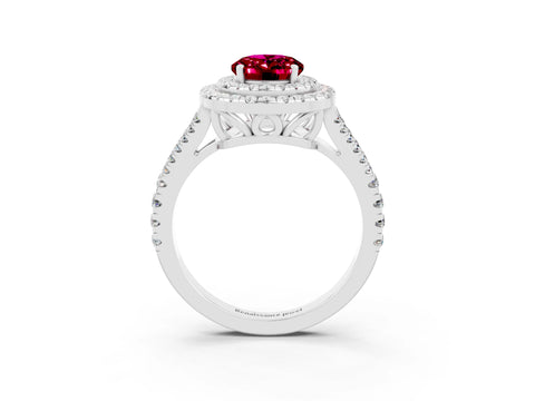 White gold Oval Cut Garnet Double Halo Ring with Pavé Band and Prong Setting_15